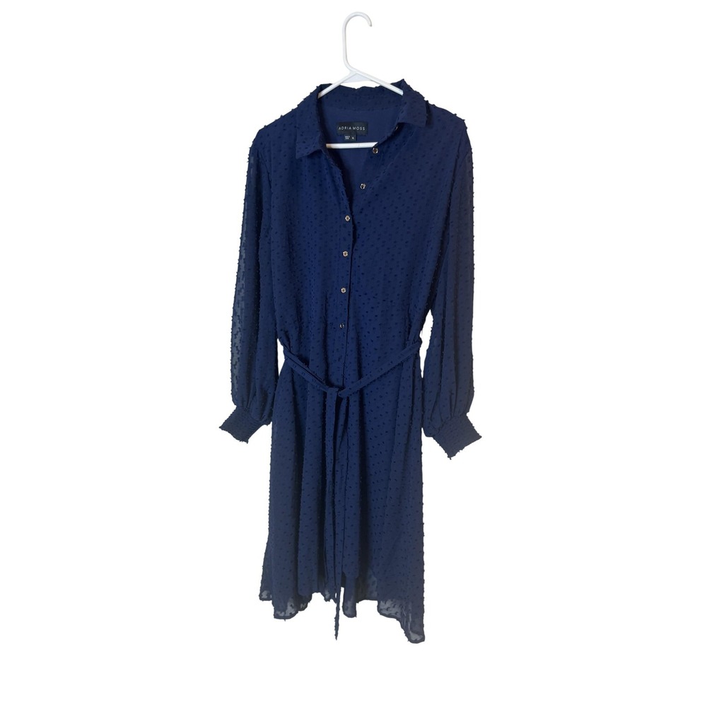 Adria Moss Dress Womens XL Blue Button Front Shirt Midi Belted Swiss Dot Chiffon